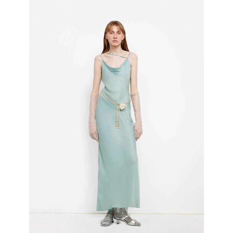 “Island Riddle” Glossy Copper-Ammonia Silk Satin Light Luxury Swing Collar Slim Fishtail Suspender Dress