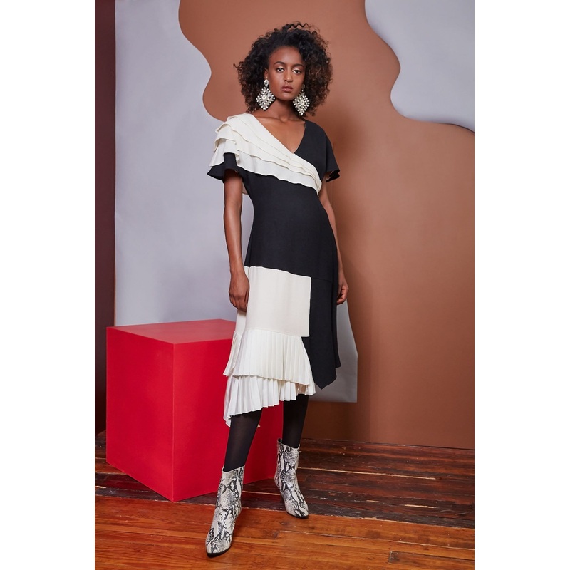 Lavanya Coodly Mackenzie Black & Ivory Color Block Merino Wool Midi Dress with V-Neck, Cap Sleeves, & Pleated Detail