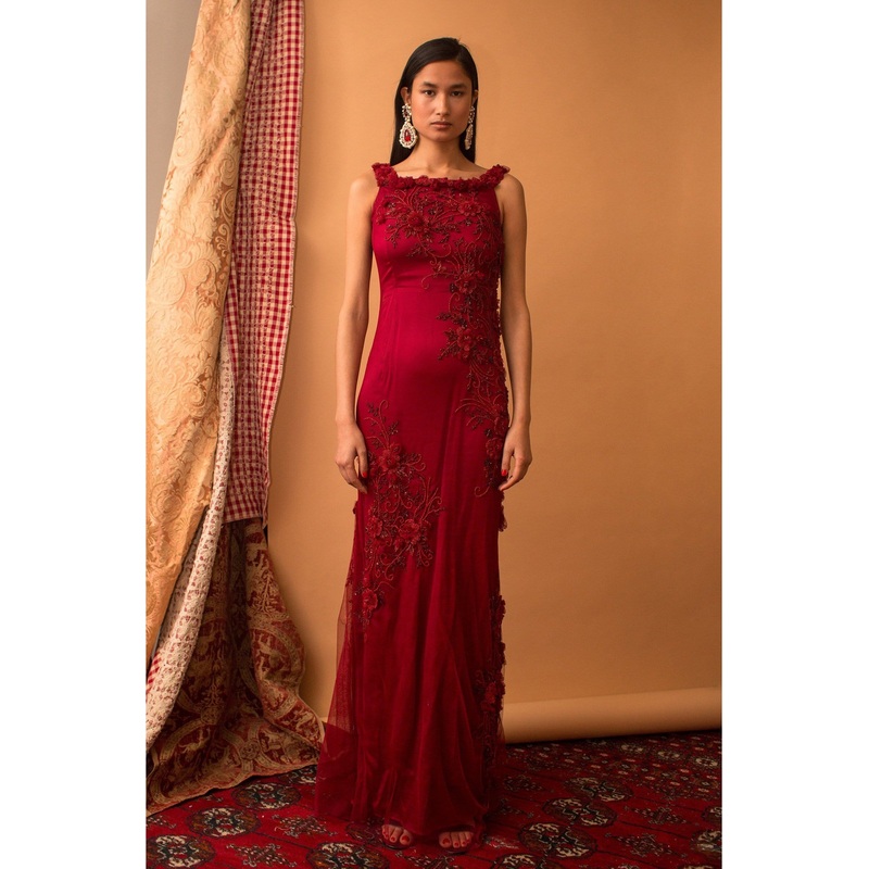 Lavanya Coodly Red Simone Gown in 3 Dimensional Hand-Embroidered Floral with High Side Slit & Tie Back in Luxurious Satin
