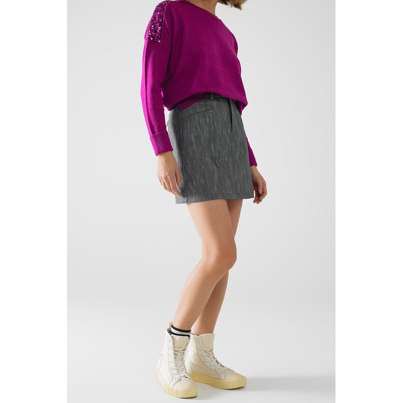 Leatherette Straight Mini Skirt In Grey With Pockets