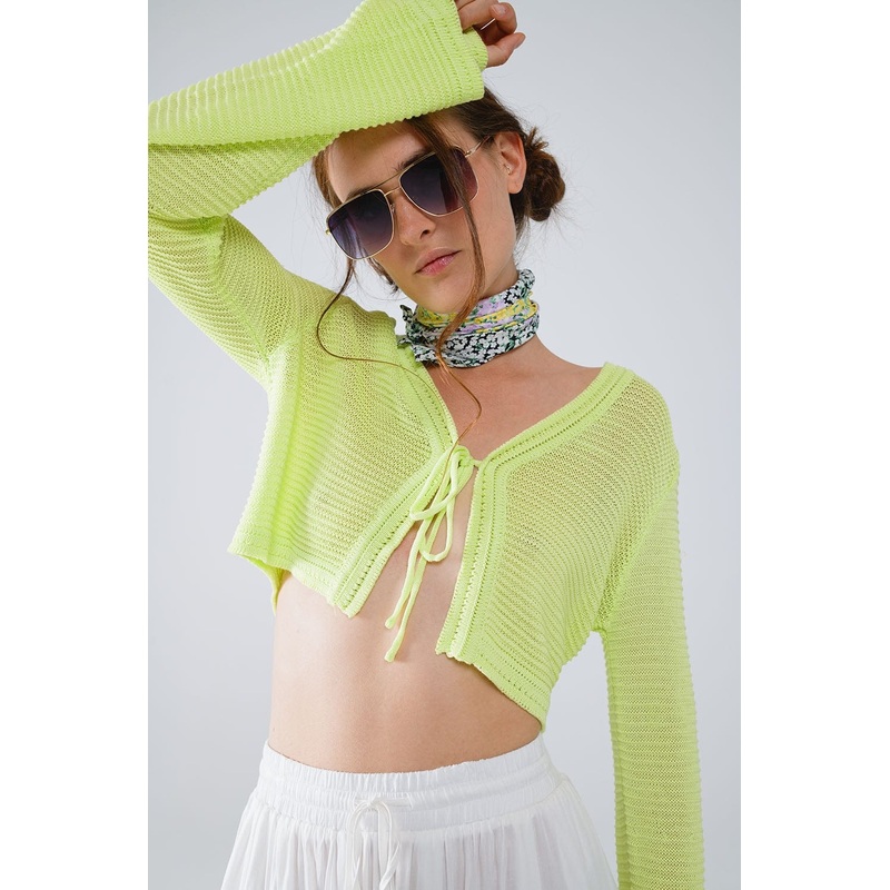 Long Bell Sleeve Knitted Cardigan In Lime Green With Knot Detail