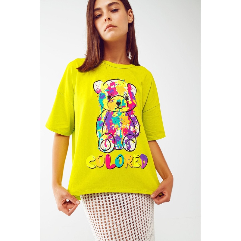 Loose-Fitting Lime T-Shirt With Colored Bear