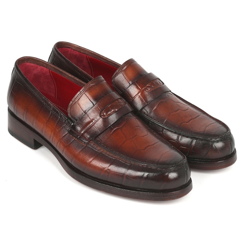 Paul Parkman Brown Crocodile Embossed Calfskin Penny Loafers (ID#3857-BRW)