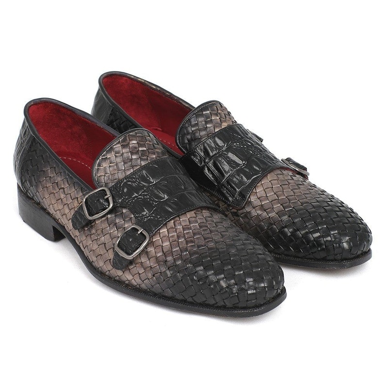 Paul Parkman Gray Woven & Croc Embossed Monkstraps (ID#HK588-GRY)