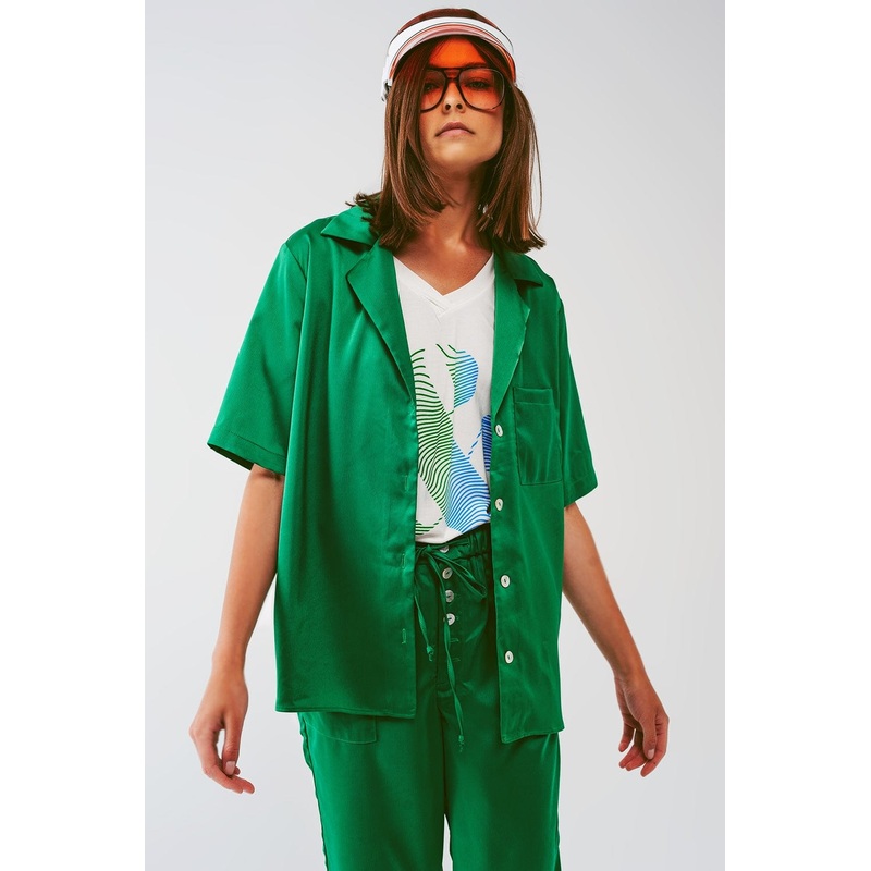 Satin Short Sleeve Shirt In Green