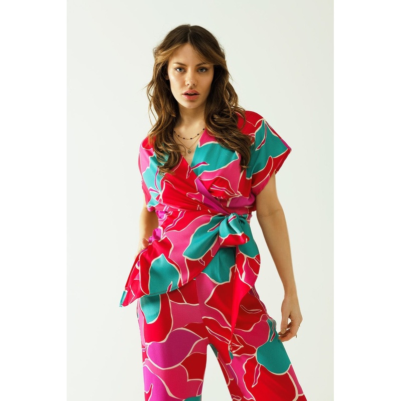 Satin Short Sleeves Top With Floral Design And A Knot Detail