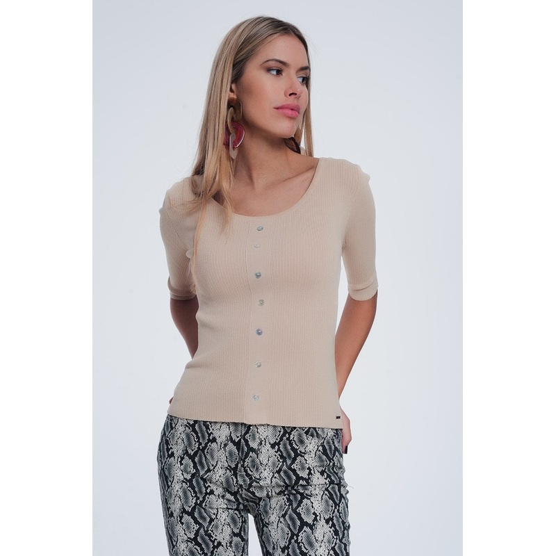Scoop Neck Sweater With Buttons In Beige