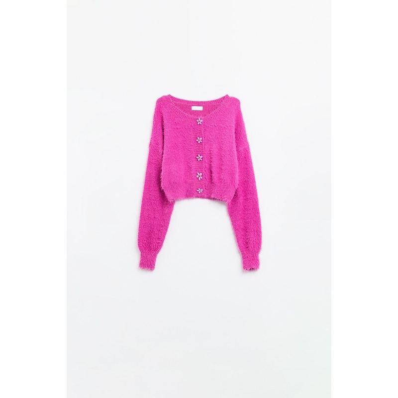 Short And Fluffy Pink Cardigan With Flower Buttons