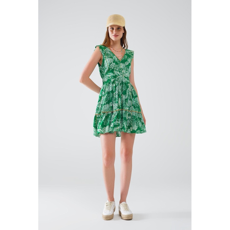 Short Green Boho Flower Print Dress With Lurex Detail