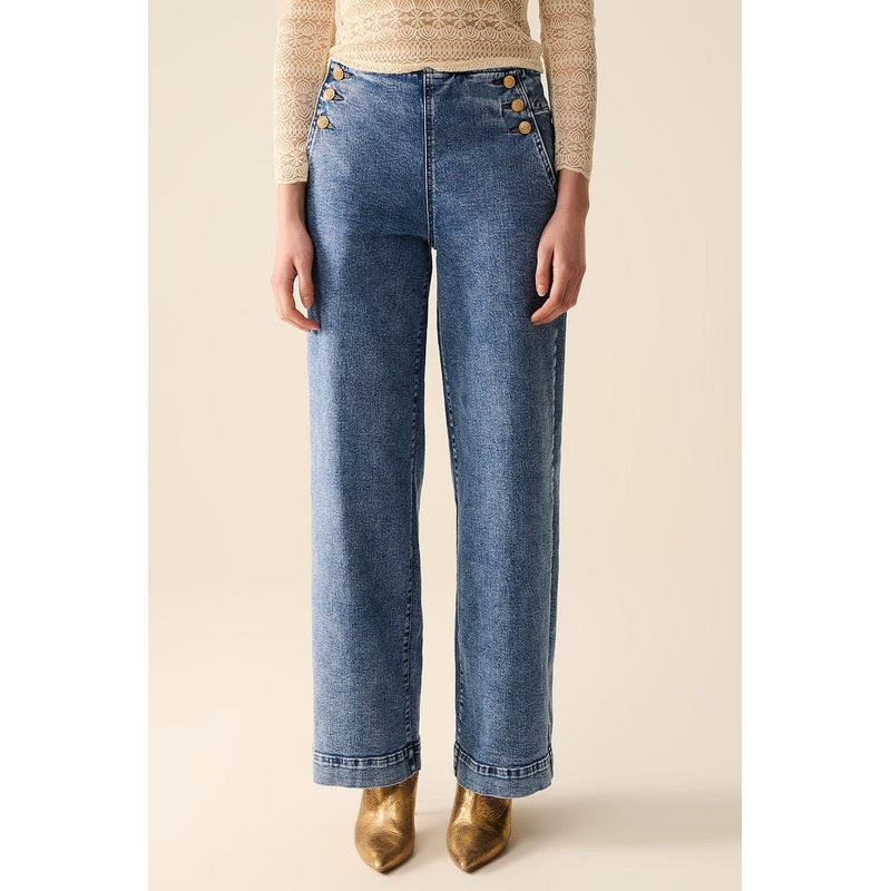 Straight Leg Marine Jeans With Gold Buttons In Mid Wash