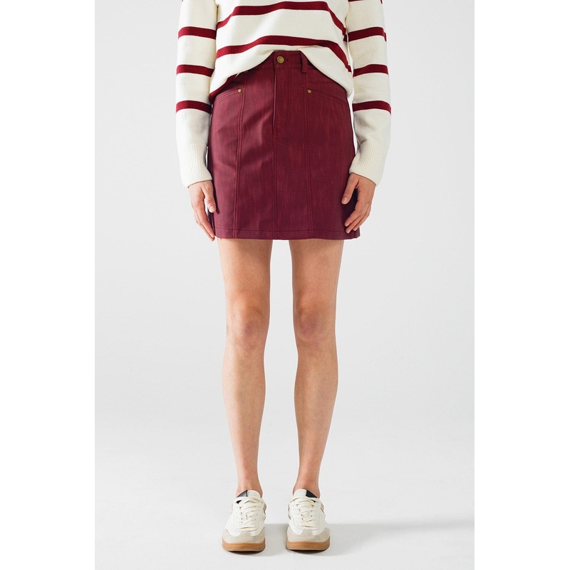 Straight Mini Skirt In Burgundy With Pockets