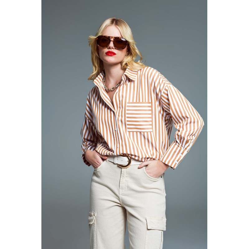 Striped Relaxed Shirt With Contrasting Pocket In Beige