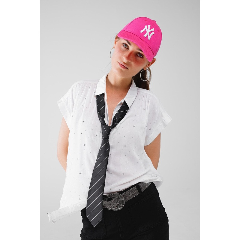 White Button Up Blouse With Strass All Over And Short Sleeves