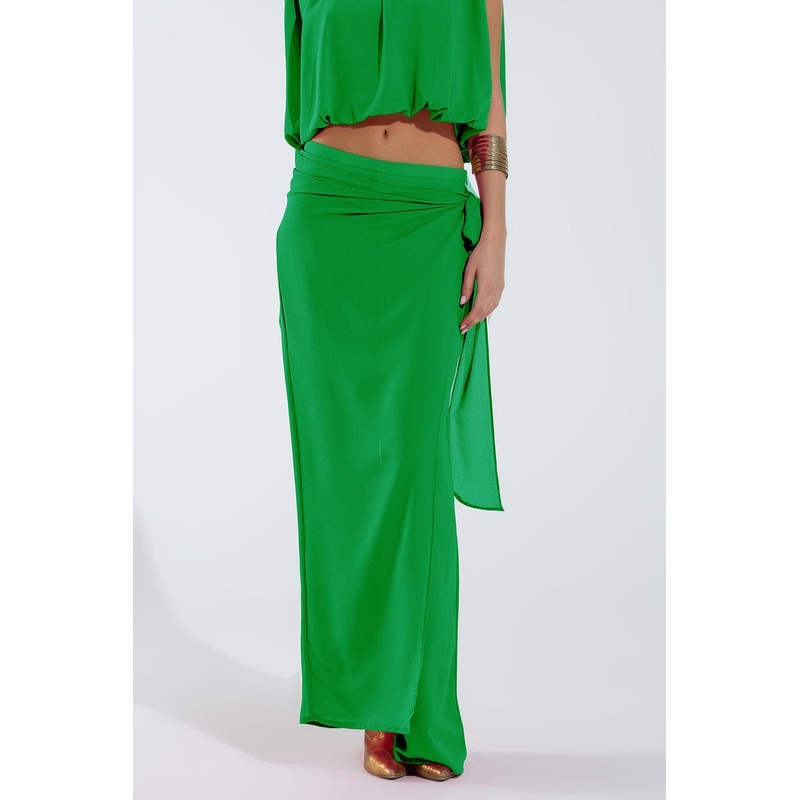 Wide Green Pants Overlay Skirt Tied At The Side