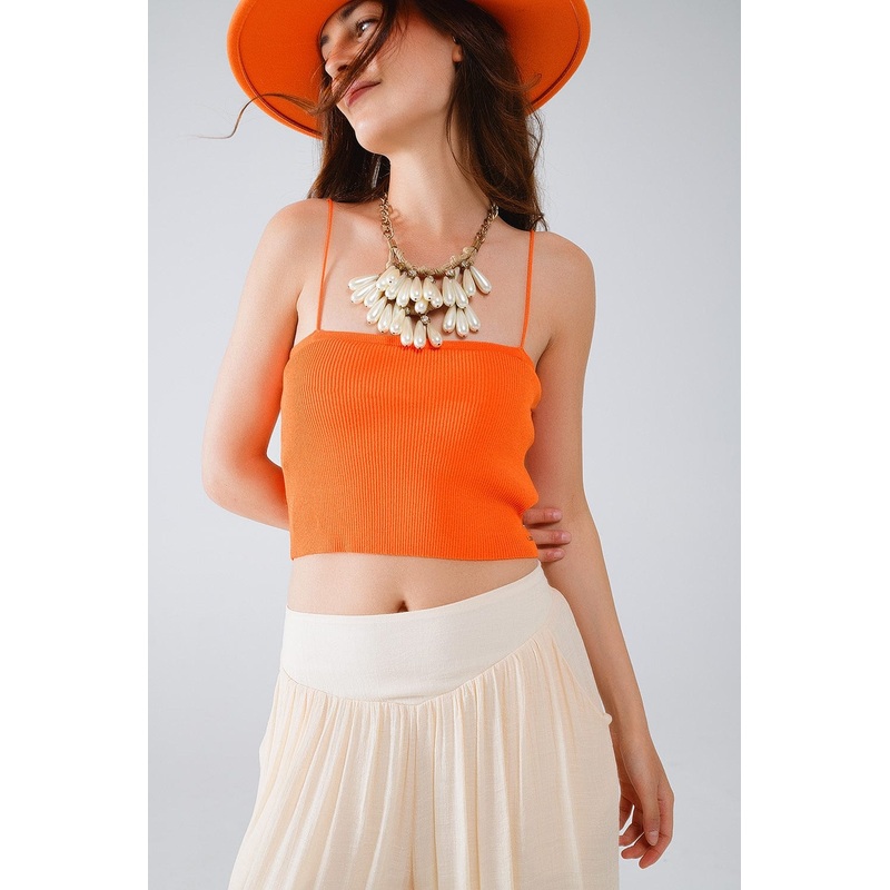 Basic Knitted Top In Orange With Thin Straps