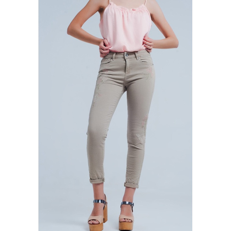 Beige Jeans With Floral Embroidery