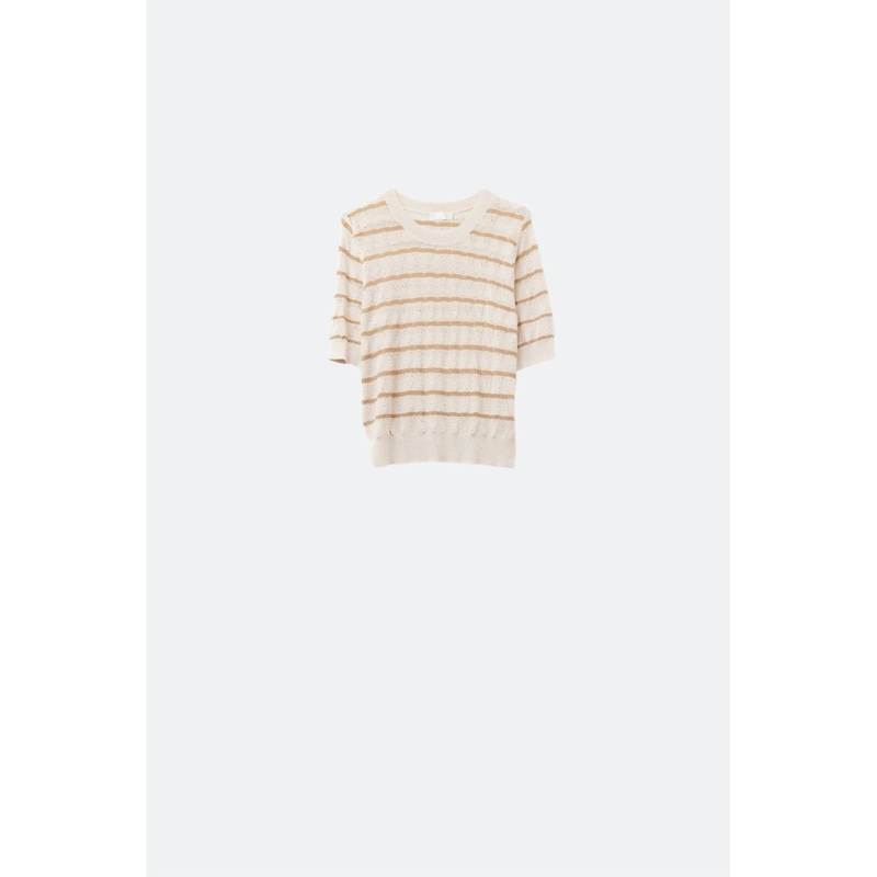 Beige Openwork Knit Top With Short Sleeves And Gold Stripes