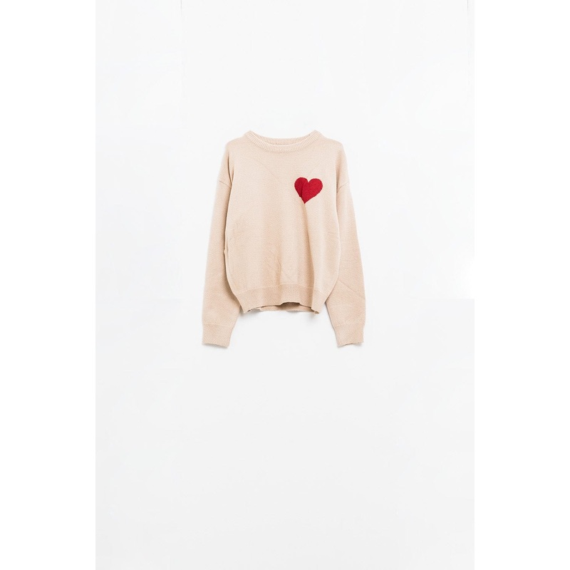 Beige Sweater With Red Heart Detail