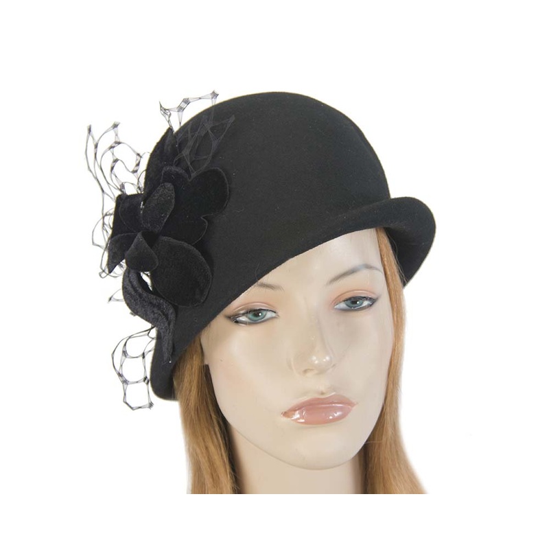 Black felt bucket hat with flower by Fillies Collection