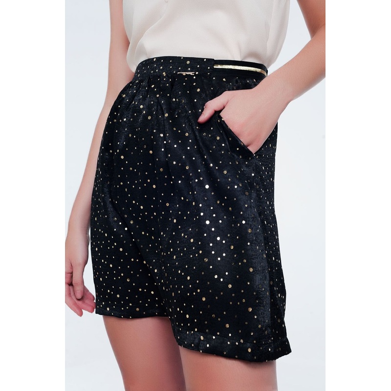 Black Mini Skirt With Pleats In Gold Polka Dot