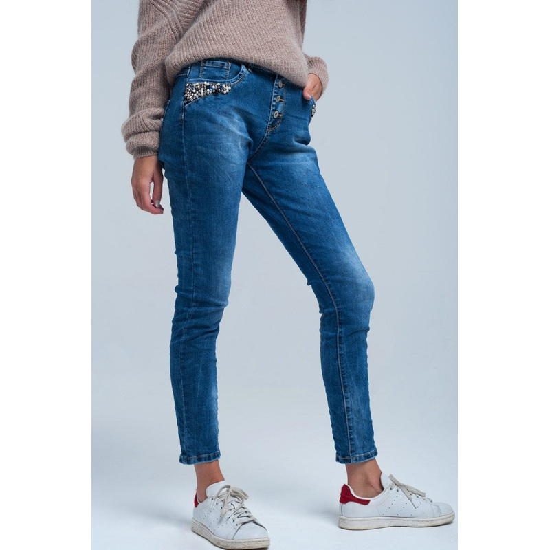 Blue Boyfriend Jeans With Pearls
