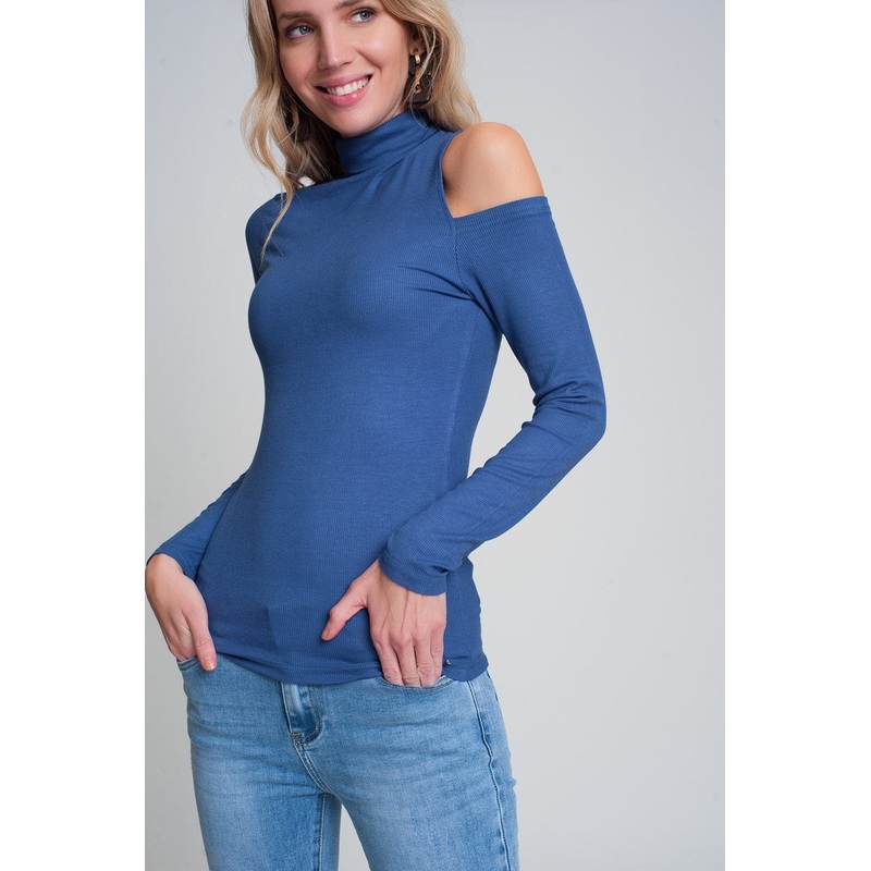 Blue Sweater With One Open Shoulder And High Neck