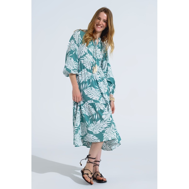 Boho Maxi Dress With Balloon Sleeves And Leaf Print In Green