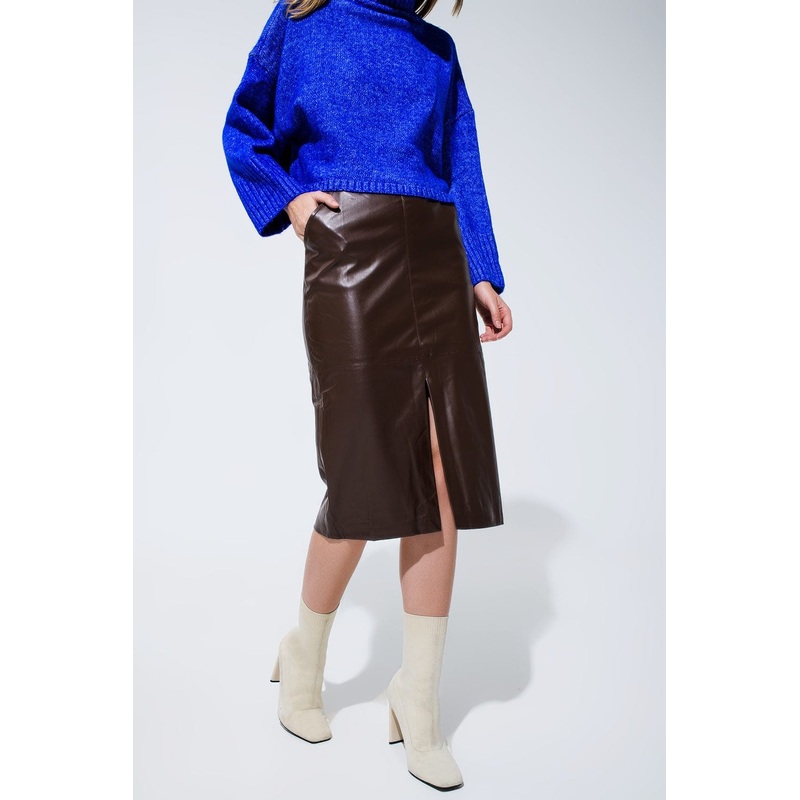 Brown Leatherette Pencil Cut Skirt