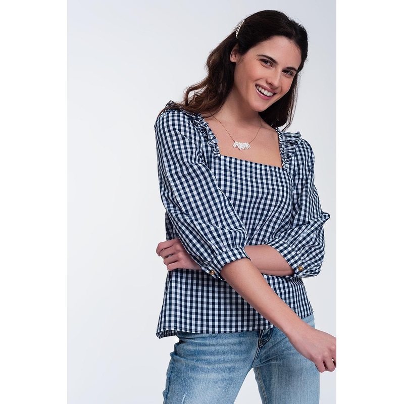 Check Square Neck Top In Navy