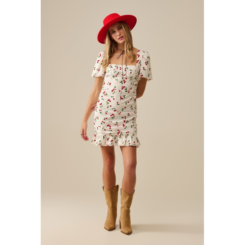 Cherry Puff Sleeve Mini Dress