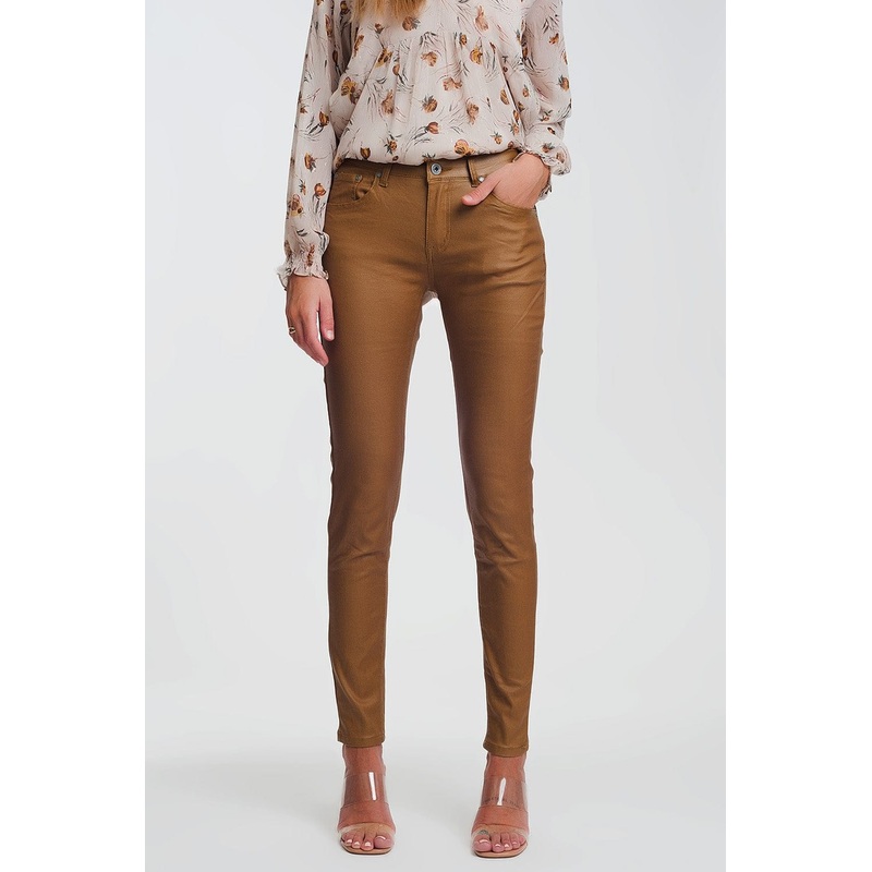 Coated Skinny Pants In Camel