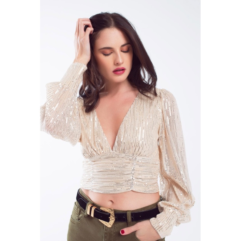 Cropped Long Sleeve Sequin Top With V-Neck And Rouched Design In Pearl White