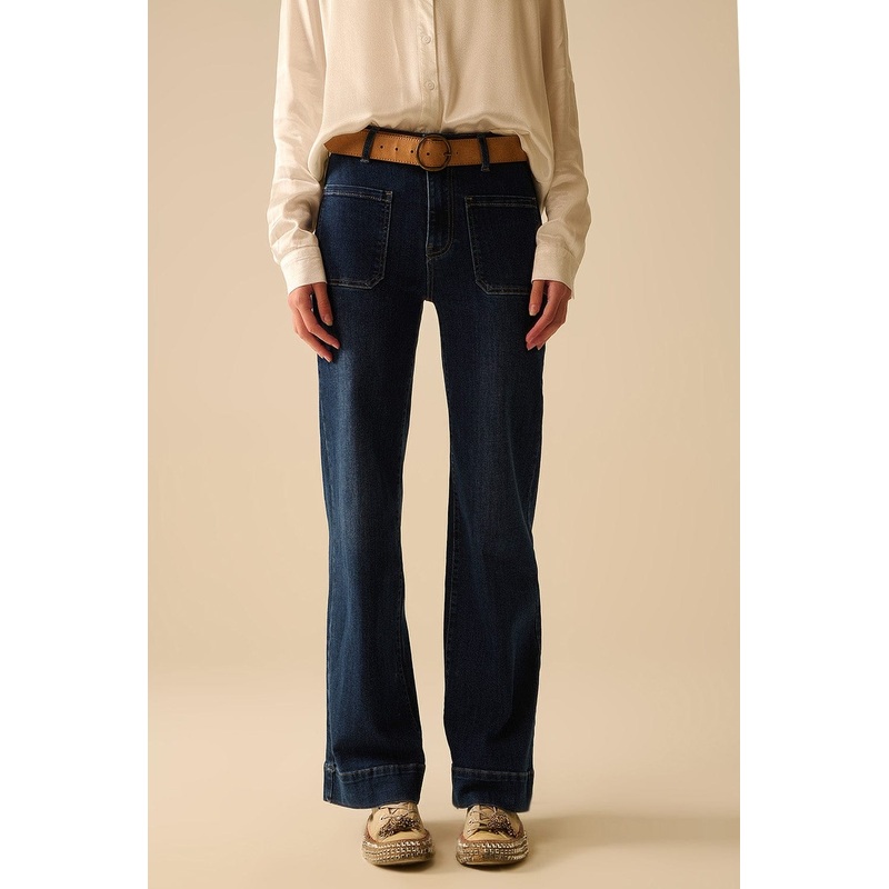 Dark Wash Jeans With Wide Leg And Pockets