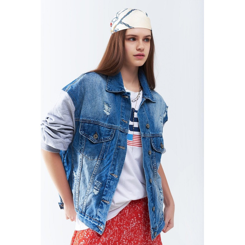 Denim Jacket With Jogging Fabric Sleeves