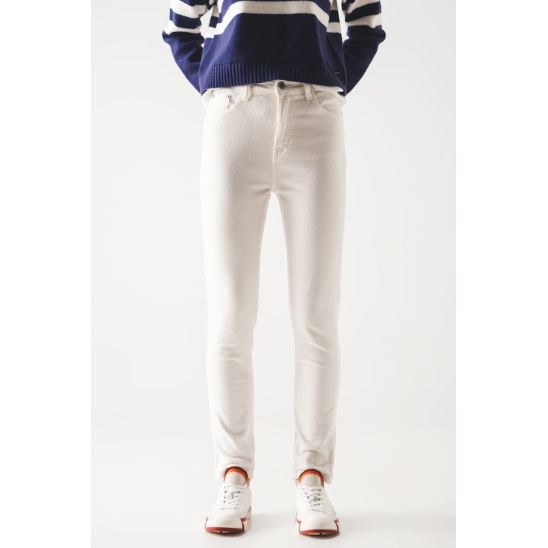 Elastic Cotton Skinny Cord Pants In Cream