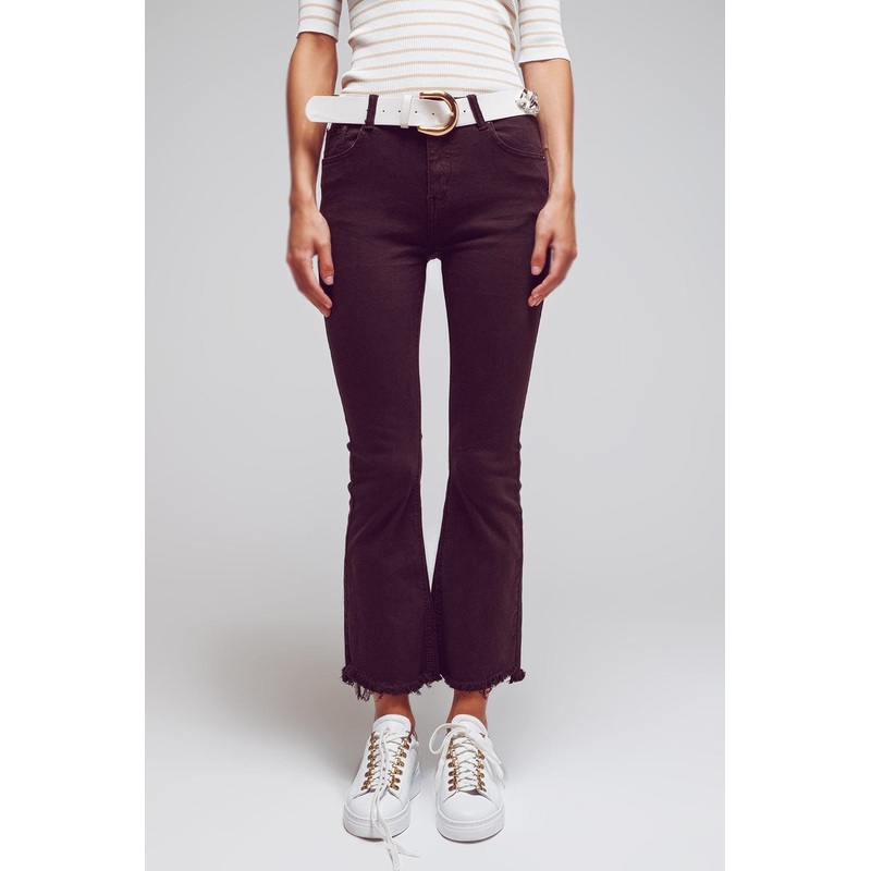 Flare Jeans With Raw Hem Edge In Brown