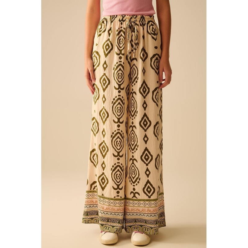 Khaki Wide Leg Boho Print Pants