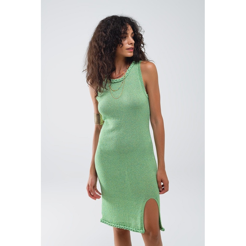 Knitted Midi Dress With Braided Detail In Green