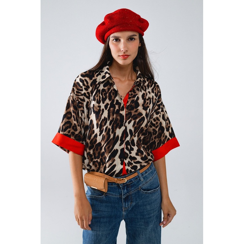 Leopard 3/4 Sleeves Shirt With Red Details