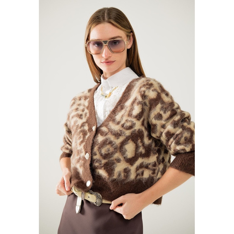 Leopard Print Cardigan With Wool In Beige