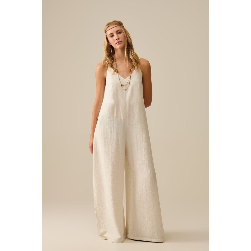 Long Textured Jumpsuit With Beaded Straps In Cream