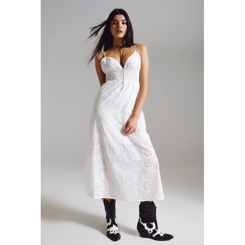 Long White Crochet Dress With Fitted Waist