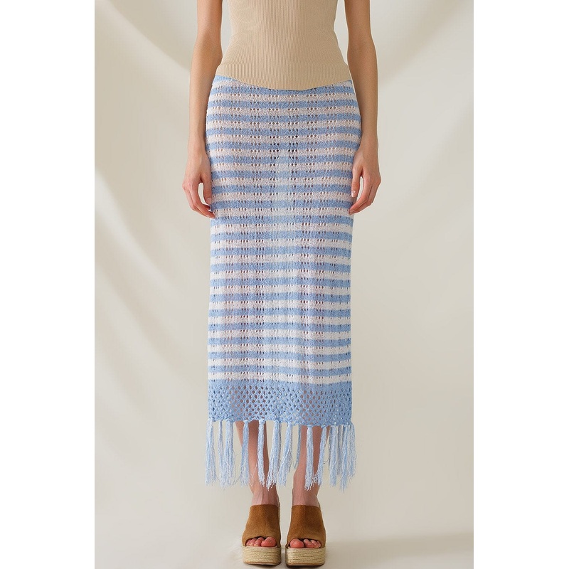 Midi Crochet White Skirt With Blue Stripes And Fringe Hem