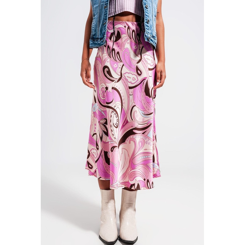 Midi Skirt In Abstract Print In Pink