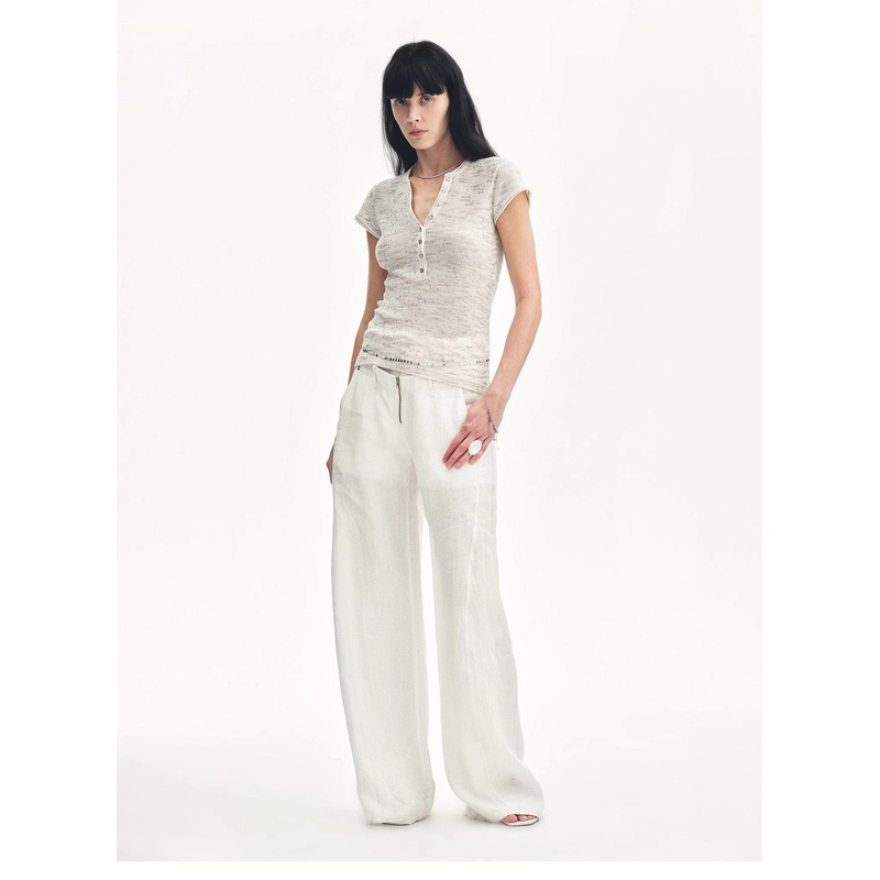 “Minimalist Light Gap” Cotton and Linen Blend Sequined Henley Neck Short Sleeve T-Shirt