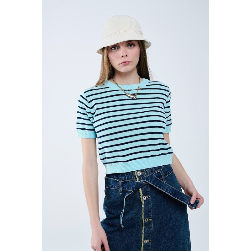 Mint Green Crop Sweater With Navy Stripes