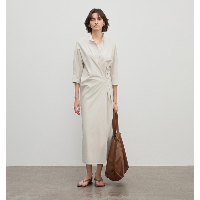 “Origami Narrative” Stand Collar Wrap Dress Women’s Mid Sleeve Shirt Dress Long Dress