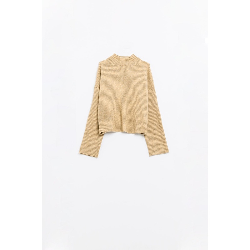 Relaxed Beige Ribbed High Neck Sweater