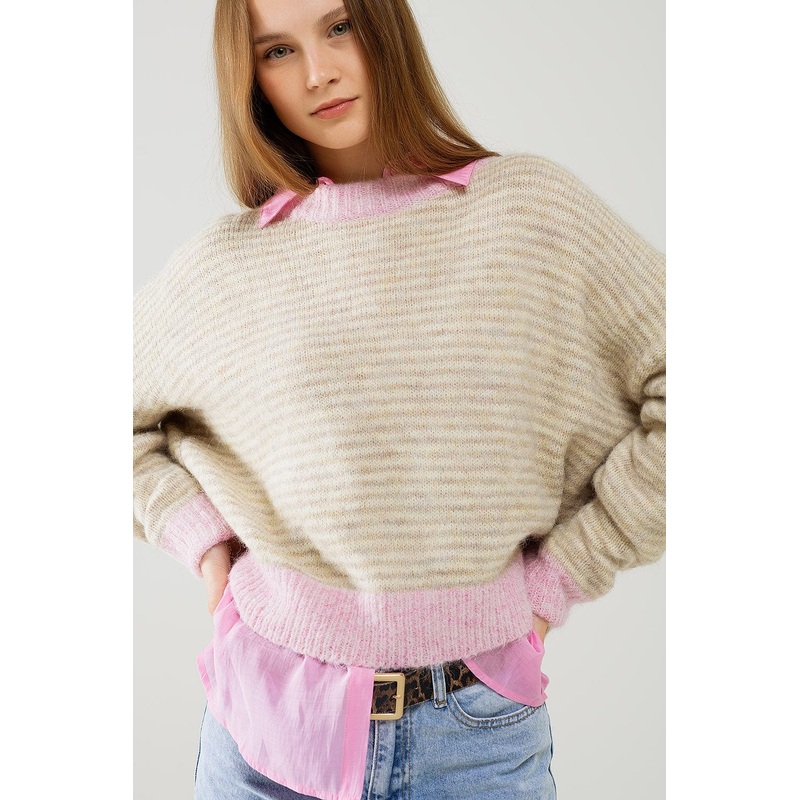 Relaxed Stripey Sweater In Beige With Pink Details