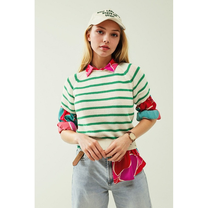 Short Sleeves White Knit Sweater With Green Stripes